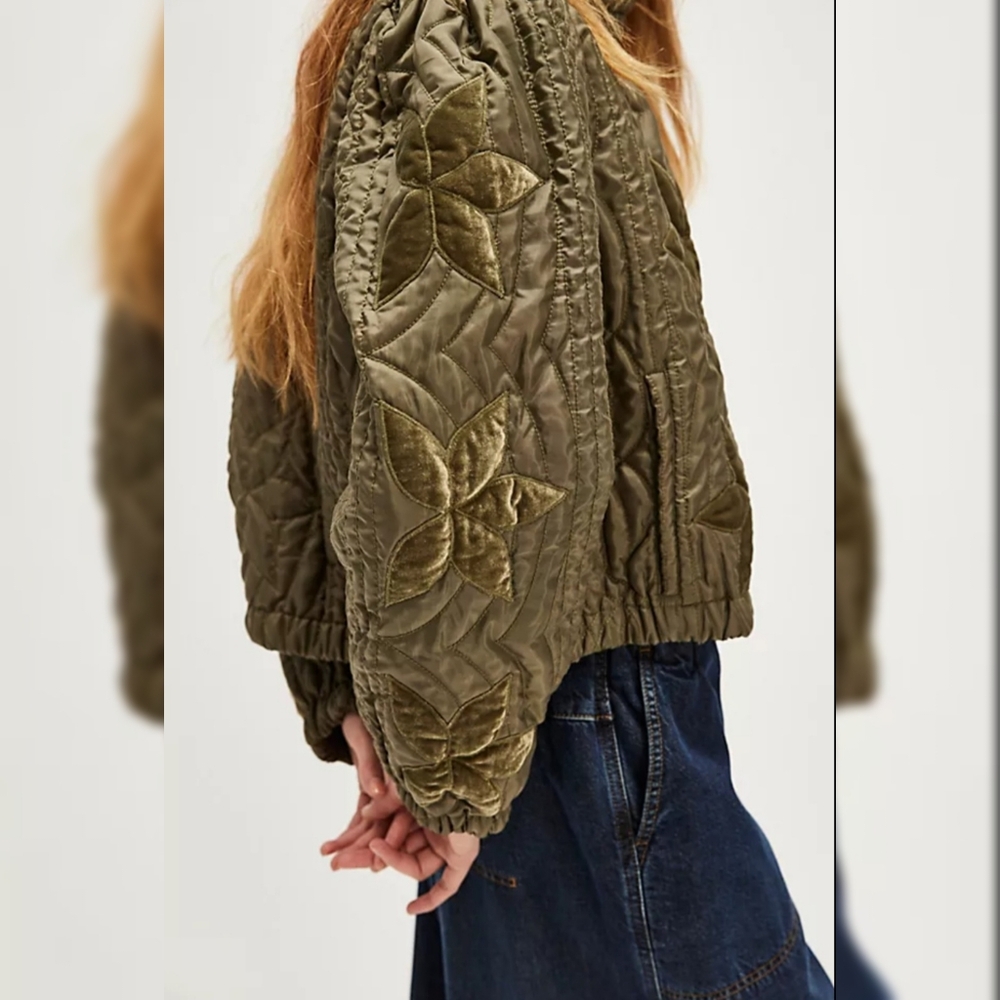 Free People Quinn Quilted Jacket In Olive Green‎ Bomber Style Button Front